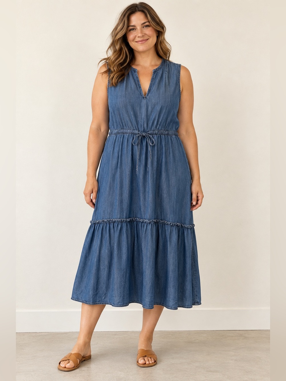 Lands’ End Blue Chambray Sleeveless Tiered Dress – XL